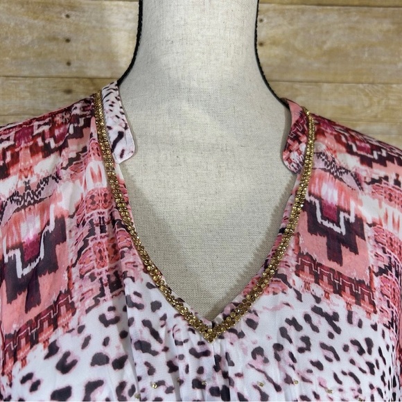 Jennifer Lopez Chiffon Pink Animal Print Caftan Mini Dress Size XS Rhinestone - Picture 4 of 7